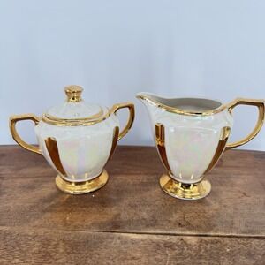 Vtg 50s Pearl Kingwood China 22 Kt. Gold Pearl Lusterware Creamer and Sugar Bowl
